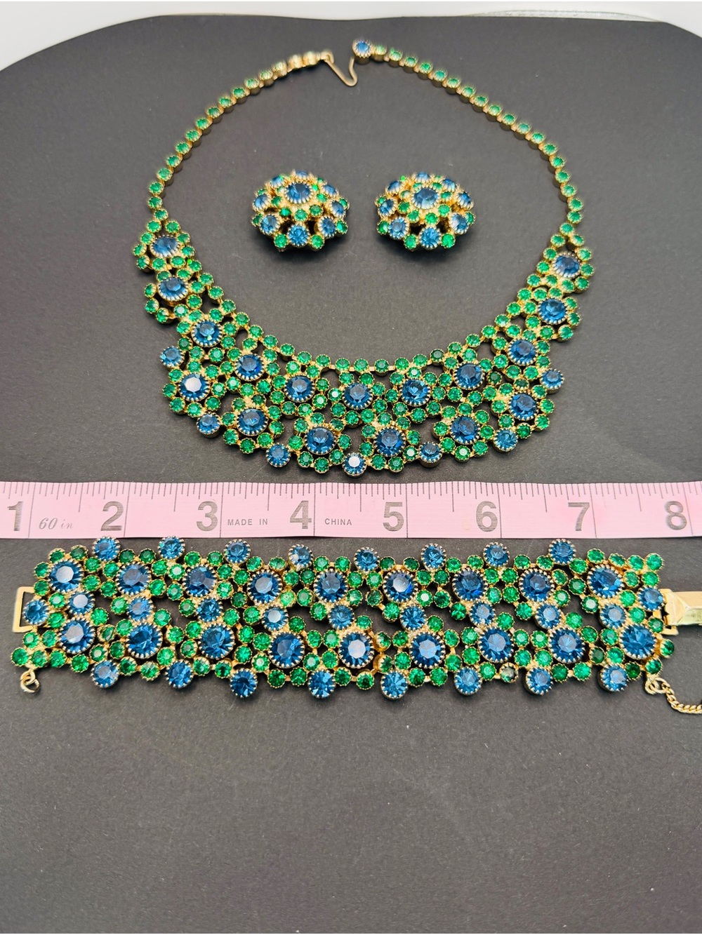 Rare Vintage Signed Leru Sapphire Blue & Emerald Green Rhinestone Parure  4pc